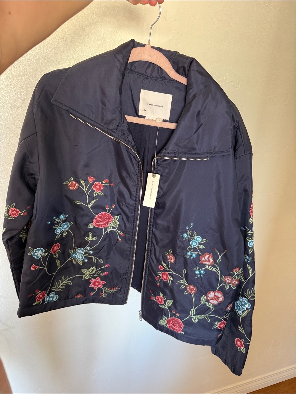 Anthropologie Embroidered Floral Navy Bomber Jacket - Women